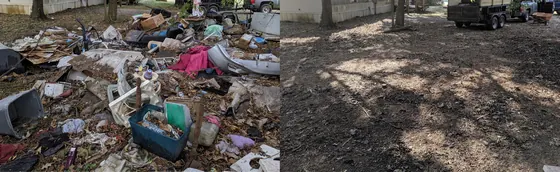 Rocket City Junk Removal project photo: Backyard clean out trailer backgrd Before and after