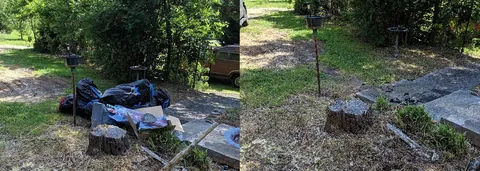 Before and after yard cleanup completed by Rocket City Junk Removal