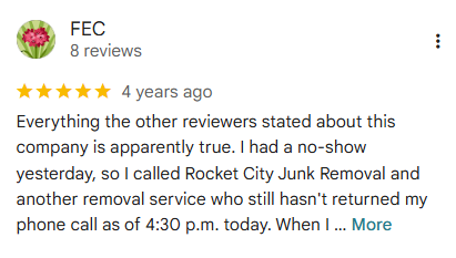 Rocket City Junk Removal customer review 5