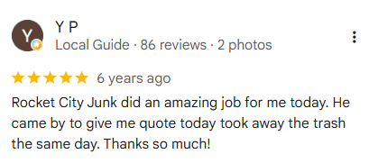 Rocket City Junk Removal customer review 17